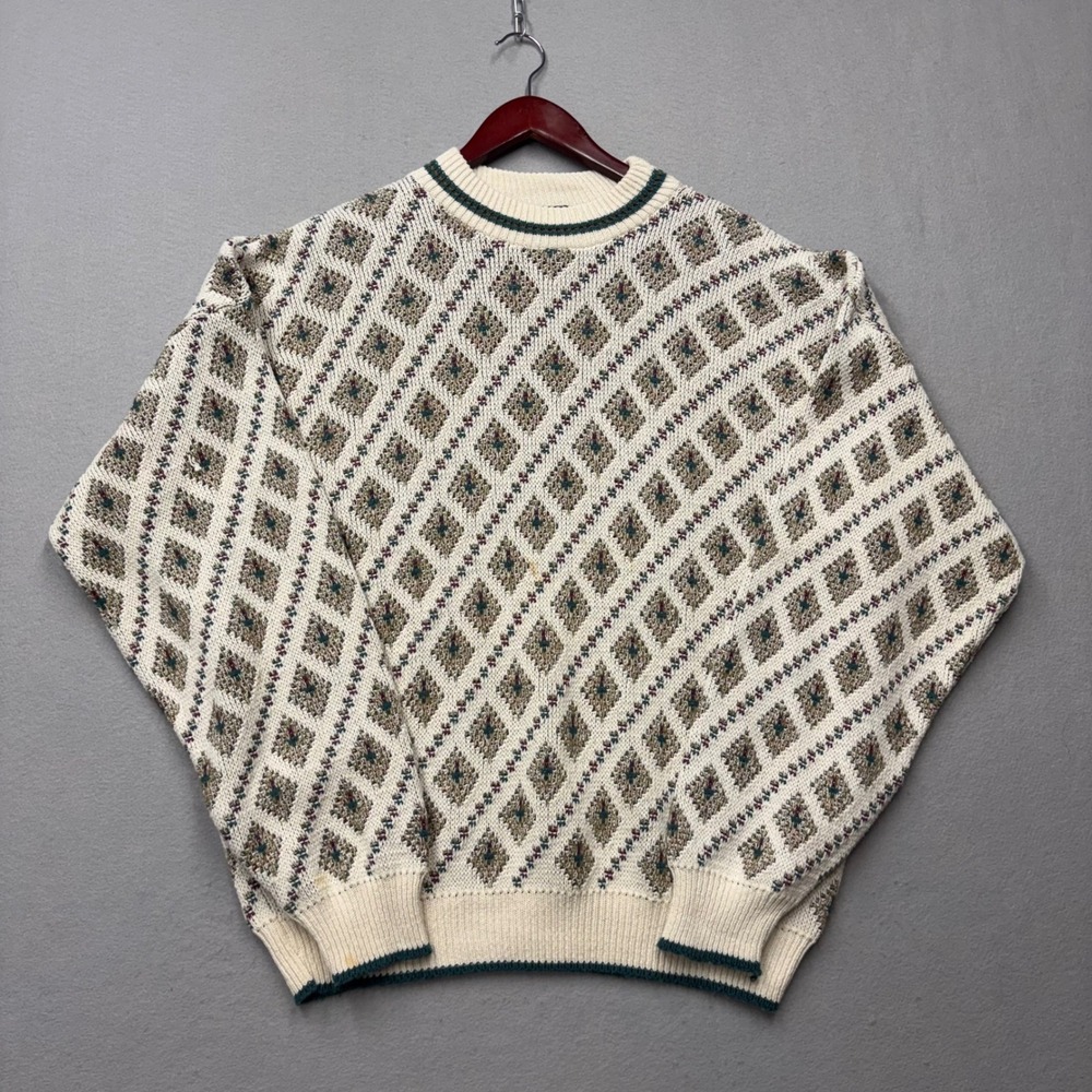 John Weitz Sweater Mens XL Cream Vintage 90s Geometric Diamond Cotton Knit USA